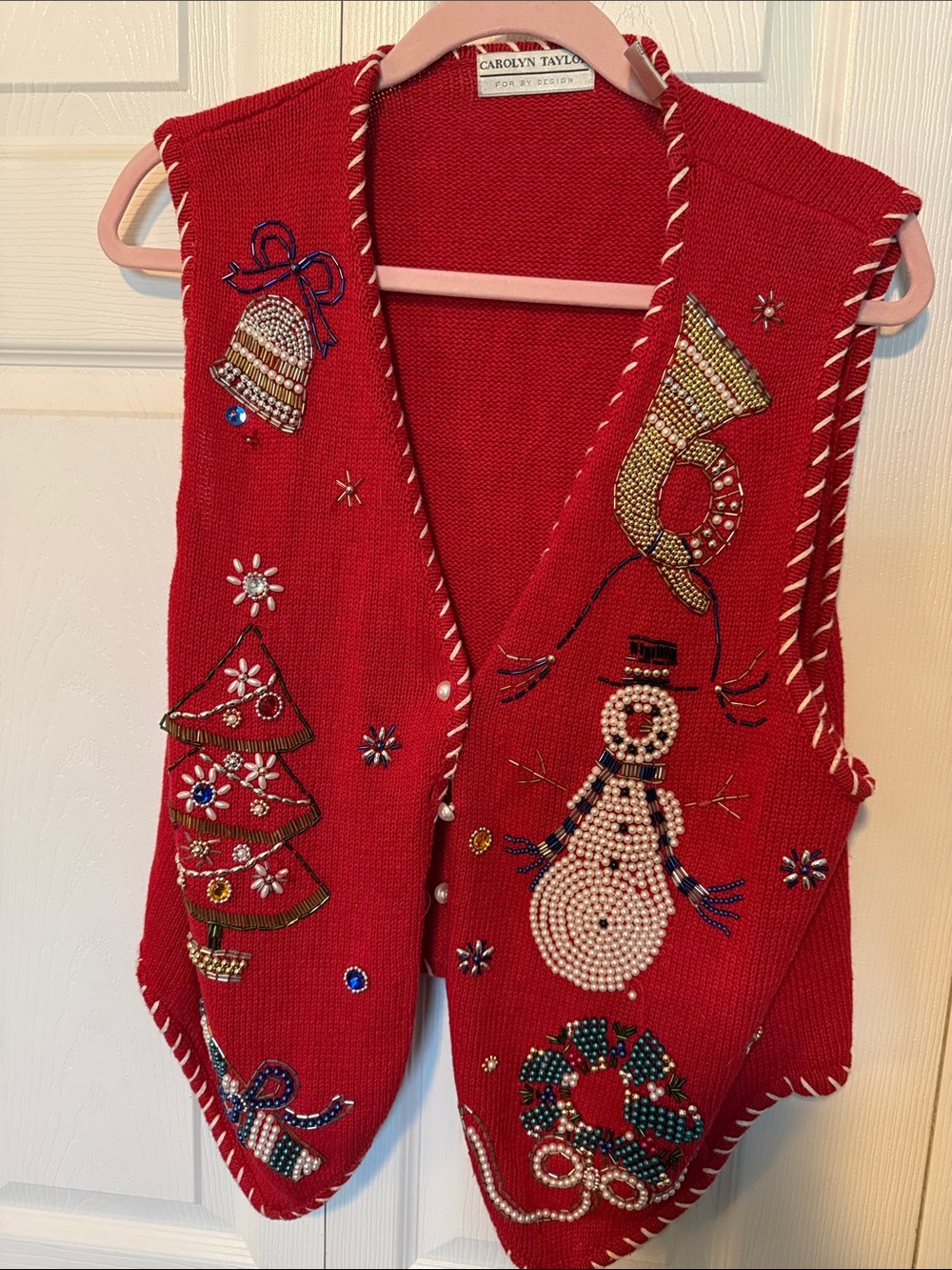 Carolyn Taylor Red Beaded Holiday Vest with Festive Motifs